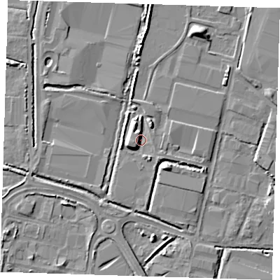 Shaded relief map of the ground around DA176FR, computed from Environment Agency LiDAR. The ground here sits at about 2 m above sea level and falls 7 m across the surrounding 800 m. Surface water reaching this point runs off ground lying to the west-south-west, 5.5 m higher.
