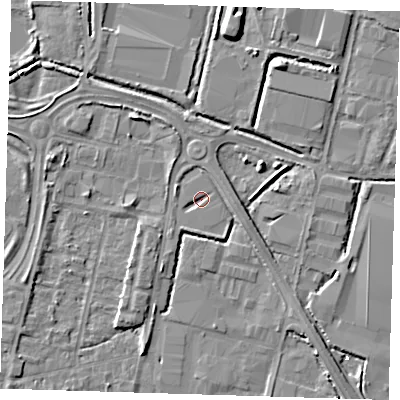 Shaded relief map of the ground around DA176FS, computed from Environment Agency LiDAR. The ground here sits at about 1 m above sea level and falls 7 m across the surrounding 800 m. Surface water reaching this point runs off ground lying to the east-north-east, 1.3 m higher.