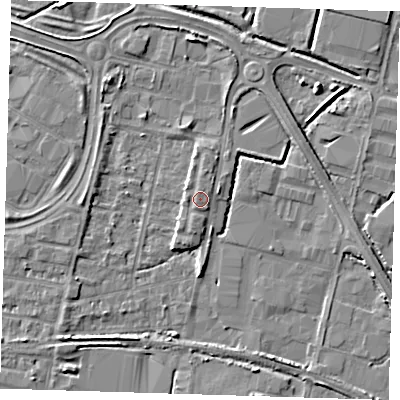 Shaded relief map of the ground around DA176GN, computed from Environment Agency LiDAR. The ground here sits at about 2 m above sea level and falls 4 m across the surrounding 800 m. Surface water reaching this point runs off ground lying to the north-west, 0.8 m higher.