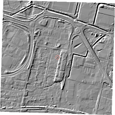 Shaded relief map of the ground around DA176GZ, computed from Environment Agency LiDAR. The ground here sits at about 1 m above sea level and falls 5 m across the surrounding 800 m. Surface water reaching this point runs off ground lying to the east-north-east, 1.7 m higher.