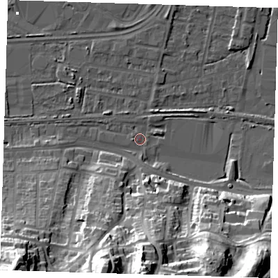Shaded relief map of the ground around DA176JJ, computed from Environment Agency LiDAR. The ground here sits at about 1 m above sea level and falls 43 m across the surrounding 800 m. Surface water reaching this point runs off ground lying to the south, 42.0 m higher.