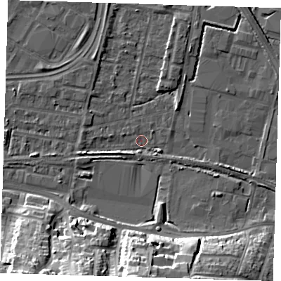 Shaded relief map of the ground around DA176JL, computed from Environment Agency LiDAR. The ground here sits at about 0 m above sea level and falls 24 m across the surrounding 800 m. Surface water reaching this point runs off ground lying to the north-east, 3.5 m higher.