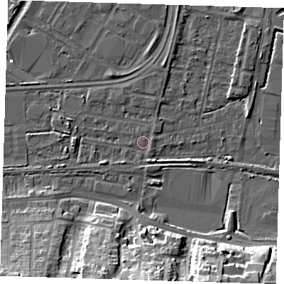 Shaded relief map of the ground around DA176JN, computed from Environment Agency LiDAR. The ground here sits at about 1 m above sea level and falls 22 m across the surrounding 800 m. Surface water reaching this point runs off ground lying to the west-north-west, 2.7 m higher.