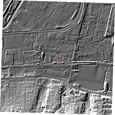 Shaded relief map of the ground around DA176JP, computed from Environment Agency LiDAR. The ground here sits at about 1 m above sea level and falls 27 m across the surrounding 800 m. Surface water reaching this point runs off ground lying to the south-west, 1.9 m higher.