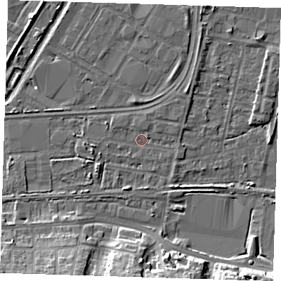 Shaded relief map of the ground around DA176JR, computed from Environment Agency LiDAR. The ground here sits at about 1 m above sea level and falls 13 m across the surrounding 800 m. Surface water reaching this point runs off ground lying to the west, 1.2 m higher.