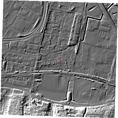 Shaded relief map of the ground around DA176JS, computed from Environment Agency LiDAR. The ground here sits at about 1 m above sea level and falls 17 m across the surrounding 800 m. Surface water reaching this point runs off ground lying to the west-south-west, 3.3 m higher.