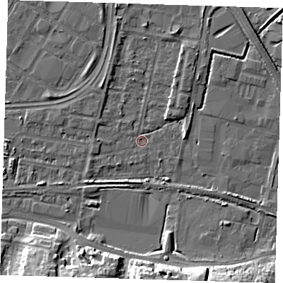 Shaded relief map of the ground around DA176JT, computed from Environment Agency LiDAR. The ground here sits at about 0 m above sea level and falls 14 m across the surrounding 800 m. Surface water reaching this point runs off ground lying to the south-west, 3.3 m higher.
