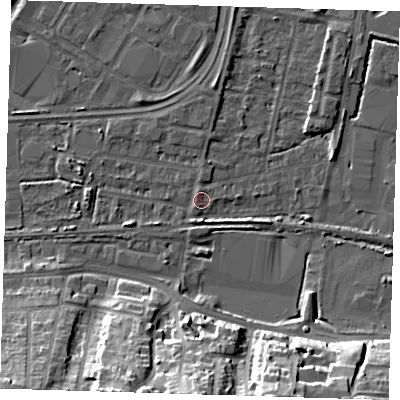 Shaded relief map of the ground around DA176JW, computed from Environment Agency LiDAR. The ground here sits at about 1 m above sea level and falls 23 m across the surrounding 800 m. Surface water reaching this point runs off ground lying to the west-north-west, 2.7 m higher.