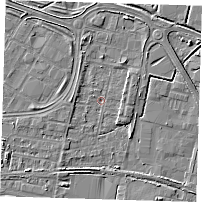 Shaded relief map of the ground around DA176JX, computed from Environment Agency LiDAR. The ground here sits at about -0 m above sea level and falls 4 m across the surrounding 800 m. Surface water reaching this point runs off ground lying to the north-north-east, 3.7 m higher.