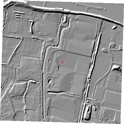Shaded relief map of the ground around DA176JY, computed from Environment Agency LiDAR. The ground here sits at about 1 m above sea level and falls 8 m across the surrounding 800 m. Surface water reaching this point runs off ground lying to the north, 2.2 m higher.