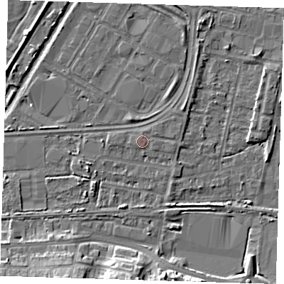 Shaded relief map of the ground around DA176LB, computed from Environment Agency LiDAR. The ground here sits at about 2 m above sea level and falls 10 m across the surrounding 800 m. Surface water reaching this point runs off ground lying to the west-south-west, 1.2 m higher.