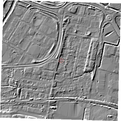 Shaded relief map of the ground around DA176LD, computed from Environment Agency LiDAR. The ground here sits at about 1 m above sea level and falls 5 m across the surrounding 800 m. Surface water reaching this point runs off ground lying to the south-south-west, 3.3 m higher.