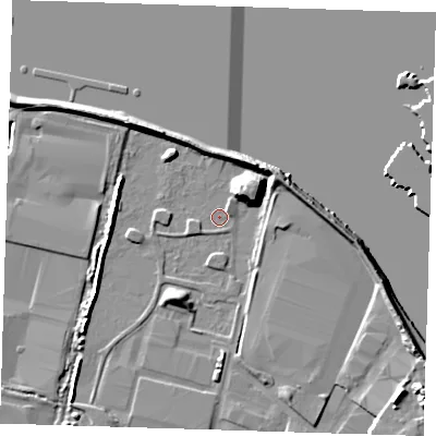 Shaded relief map of the ground around DA176LJ, computed from Environment Agency LiDAR. The ground here sits at about 1 m above sea level and falls 10 m across the surrounding 800 m. Surface water reaching this point runs off ground lying to the north-east, 9.1 m higher.