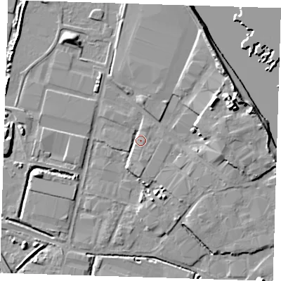 Shaded relief map of the ground around DA176YJ, computed from Environment Agency LiDAR. The ground here sits at about 2 m above sea level and falls 11 m across the surrounding 800 m. Surface water reaching this point runs off ground lying to the east-north-east, 9.5 m higher.