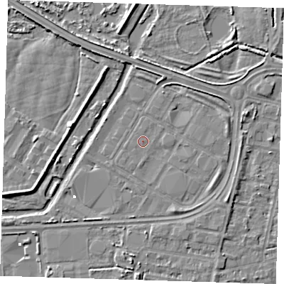 Shaded relief map of the ground around DA184AA, computed from Environment Agency LiDAR. The ground here sits at about 1 m above sea level and falls 4 m across the surrounding 800 m. The ground contributing surface water to this point lies to the south.