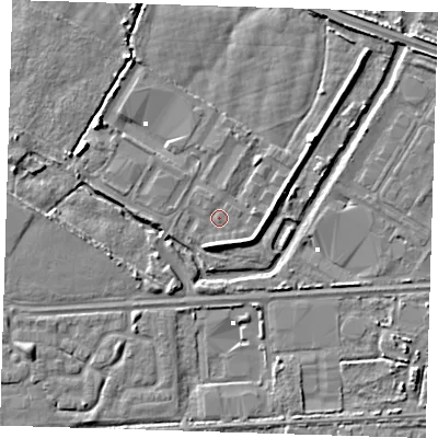 Shaded relief map of the ground around DA184AB, computed from Environment Agency LiDAR. The ground here sits at about 1 m above sea level and falls 4 m across the surrounding 800 m. Surface water reaching this point runs off ground lying to the south-south-west, 3.0 m higher.