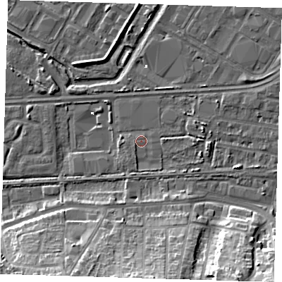 Shaded relief map of the ground around DA184AF, computed from Environment Agency LiDAR. The ground here sits at about 1 m above sea level and falls 19 m across the surrounding 800 m. Surface water reaching this point runs off ground lying to the east-south-east, 2.2 m higher.