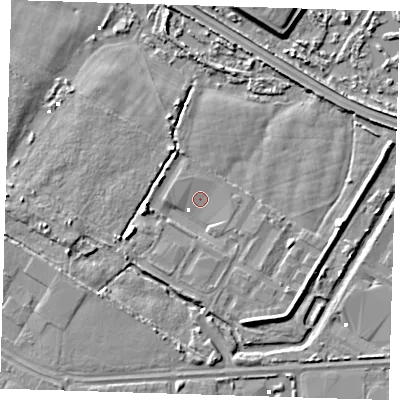 Shaded relief map of the ground around DA184AG, computed from Environment Agency LiDAR. The ground here sits at about 0 m above sea level and falls 6 m across the surrounding 800 m. Surface water reaching this point runs off ground lying to the south-south-east, 4.1 m higher.