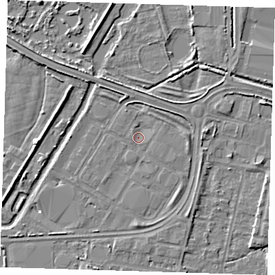 Shaded relief map of the ground around DA184AH, computed from Environment Agency LiDAR. The ground here sits at about 1 m above sea level and falls 4 m across the surrounding 800 m. Surface water reaching this point runs off ground lying to the east-south-east, 1.2 m higher.
