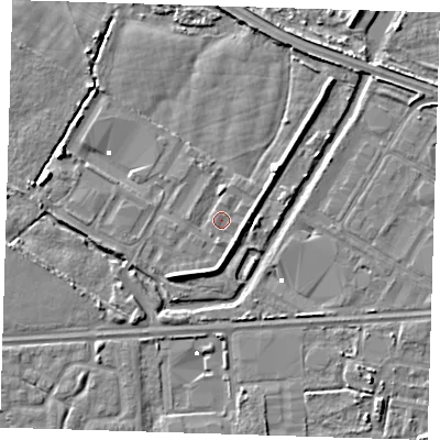 Shaded relief map of the ground around DA184AJ, computed from Environment Agency LiDAR. The ground here sits at about 1 m above sea level and falls 4 m across the surrounding 800 m. Surface water reaching this point runs off ground lying to the south-south-east, 2.3 m higher.