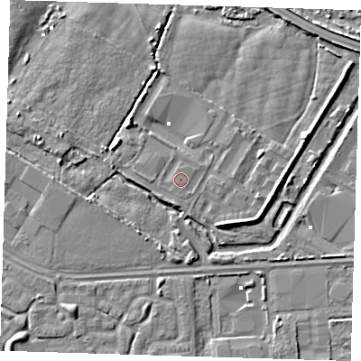 Shaded relief map of the ground around DA184AL, computed from Environment Agency LiDAR. The ground here sits at about 1 m above sea level and falls 4 m across the surrounding 800 m. The ground contributing surface water to this point lies to the south-west.