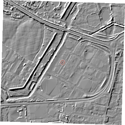 Shaded relief map of the ground around DA184AP, computed from Environment Agency LiDAR. The ground here sits at about 1 m above sea level and falls 4 m across the surrounding 800 m. Surface water reaching this point runs off ground lying to the east, 2.9 m higher.