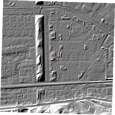 Shaded relief map of the ground around DA184AQ, computed from Environment Agency LiDAR. The ground here sits at about 1 m above sea level and falls 15 m across the surrounding 800 m. Surface water reaching this point runs off ground lying to the south-south-west, 2.3 m higher.