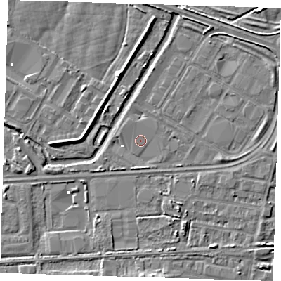 Shaded relief map of the ground around DA184AR, computed from Environment Agency LiDAR. The ground here sits at about 1 m above sea level and falls 4 m across the surrounding 800 m. Surface water reaching this point runs off ground lying to the south-south-east, 3.5 m higher.