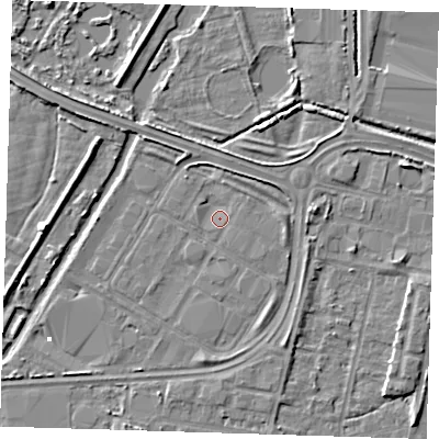 Shaded relief map of the ground around DA184AU, computed from Environment Agency LiDAR. The ground here sits at about 1 m above sea level and falls 4 m across the surrounding 800 m. Surface water reaching this point runs off ground lying to the south-east, 0.6 m higher.