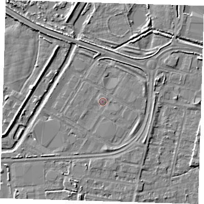 Shaded relief map of the ground around DA184AW, computed from Environment Agency LiDAR. The ground here sits at about 1 m above sea level and falls 4 m across the surrounding 800 m. Surface water reaching this point runs off ground lying to the south-east, 0.8 m higher.
