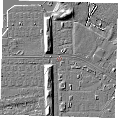 Shaded relief map of the ground around DA184AX, computed from Environment Agency LiDAR. The ground here sits at about 1 m above sea level and falls 7 m across the surrounding 800 m. Surface water reaching this point runs off ground lying to the north-north-east, 5.8 m higher.