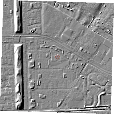 Shaded relief map of the ground around DA184BA, computed from Environment Agency LiDAR. The ground here sits at about 1 m above sea level and falls 7 m across the surrounding 800 m. Surface water reaching this point runs off ground lying to the east, 0.7 m higher.