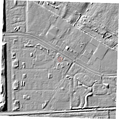 Shaded relief map of the ground around DA184BB, computed from Environment Agency LiDAR. The ground here sits at about 1 m above sea level and falls 7 m across the surrounding 800 m. Surface water reaching this point runs off ground lying to the south, 1.0 m higher.