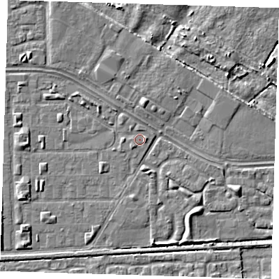 Shaded relief map of the ground around DA184BD, computed from Environment Agency LiDAR. The ground here sits at about 1 m above sea level and falls 4 m across the surrounding 800 m. Surface water reaching this point runs off ground lying to the south-west, 0.7 m higher.