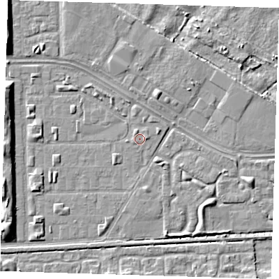 Shaded relief map of the ground around DA184BE, computed from Environment Agency LiDAR. The ground here sits at about 1 m above sea level and falls 7 m across the surrounding 800 m. Surface water reaching this point runs off ground lying to the east, 0.6 m higher.