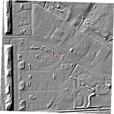 Shaded relief map of the ground around DA184BG, computed from Environment Agency LiDAR. The ground here sits at about 1 m above sea level and falls 7 m across the surrounding 800 m. Surface water reaching this point runs off ground lying to the north-west, 1.3 m higher.