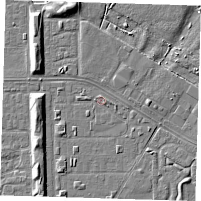 Shaded relief map of the ground around DA184BH, computed from Environment Agency LiDAR. The ground here sits at about 1 m above sea level and falls 7 m across the surrounding 800 m. Surface water reaching this point runs off ground lying to the south-west, 1.8 m higher.