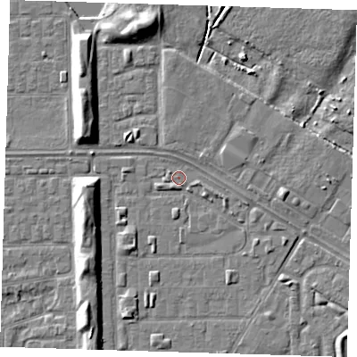 Shaded relief map of the ground around DA184BJ, computed from Environment Agency LiDAR. The ground here sits at about 1 m above sea level and falls 7 m across the surrounding 800 m. Surface water reaching this point runs off ground lying to the south-west, 1.8 m higher.