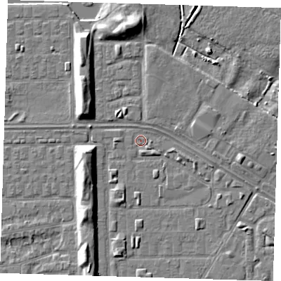 Shaded relief map of the ground around DA184BL, computed from Environment Agency LiDAR. The ground here sits at about 1 m above sea level and falls 7 m across the surrounding 800 m. Surface water reaching this point runs off ground lying to the north, 5.8 m higher.