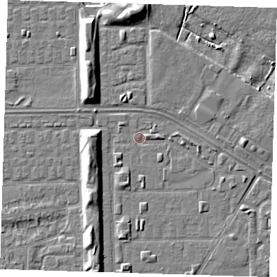 Shaded relief map of the ground around DA184BN, computed from Environment Agency LiDAR. The ground here sits at about 1 m above sea level and falls 7 m across the surrounding 800 m. Surface water reaching this point runs off ground lying to the north, 5.9 m higher.