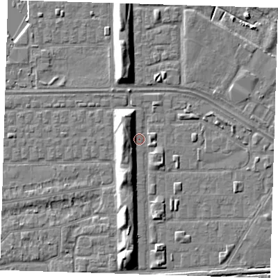 Shaded relief map of the ground around DA184BP, computed from Environment Agency LiDAR. The ground here sits at about 1 m above sea level and falls 7 m across the surrounding 800 m. Surface water reaching this point runs off ground lying to the north-north-west, 5.8 m higher.