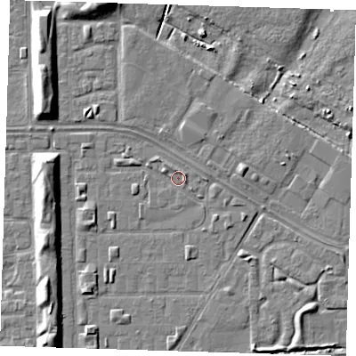 Shaded relief map of the ground around DA184BQ, computed from Environment Agency LiDAR. The ground here sits at about 1 m above sea level and falls 7 m across the surrounding 800 m. Surface water reaching this point runs off ground lying to the north-west, 1.2 m higher.
