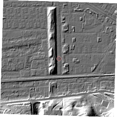 Shaded relief map of the ground around DA184BS, computed from Environment Agency LiDAR. The ground here sits at about 1 m above sea level and falls 25 m across the surrounding 800 m. Surface water reaching this point runs off ground lying to the north, 5.6 m higher.