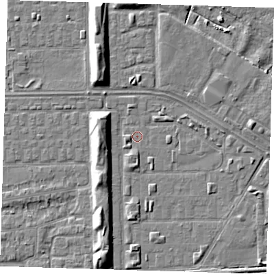 Shaded relief map of the ground around DA184BU, computed from Environment Agency LiDAR. The ground here sits at about 1 m above sea level and falls 7 m across the surrounding 800 m. Surface water reaching this point runs off ground lying to the south-south-west, 1.8 m higher.