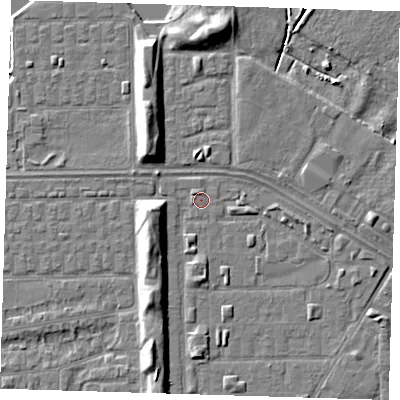 Shaded relief map of the ground around DA184BW, computed from Environment Agency LiDAR. The ground here sits at about 1 m above sea level and falls 7 m across the surrounding 800 m. Surface water reaching this point runs off ground lying to the north, 5.9 m higher.