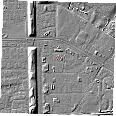 Shaded relief map of the ground around DA184BX, computed from Environment Agency LiDAR. The ground here sits at about 1 m above sea level and falls 7 m across the surrounding 800 m. Surface water reaching this point runs off ground lying to the south-west, 1.8 m higher.