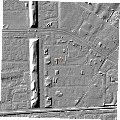 Shaded relief map of the ground around DA184BY, computed from Environment Agency LiDAR. The ground here sits at about 1 m above sea level and falls 7 m across the surrounding 800 m. Surface water reaching this point runs off ground lying to the west-south-west, 1.8 m higher.
