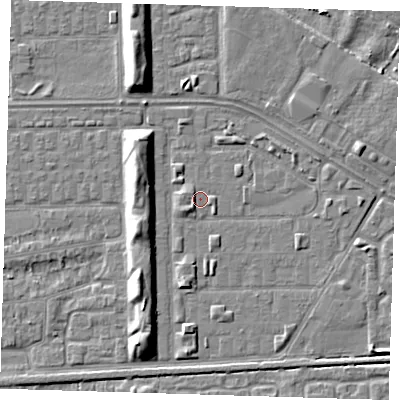 Shaded relief map of the ground around DA184BZ, computed from Environment Agency LiDAR. The ground here sits at about 1 m above sea level and falls 7 m across the surrounding 800 m. Surface water reaching this point runs off ground lying to the south-west, 1.8 m higher.
