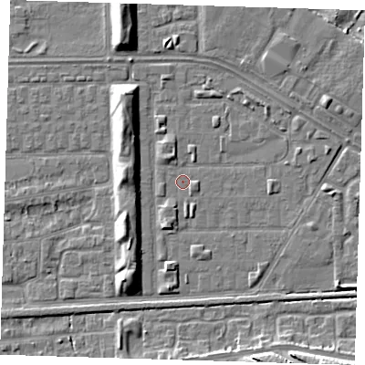 Shaded relief map of the ground around DA184DA, computed from Environment Agency LiDAR. The ground here sits at about 1 m above sea level and falls 9 m across the surrounding 800 m. Surface water reaching this point runs off ground lying to the north-west, 1.8 m higher.