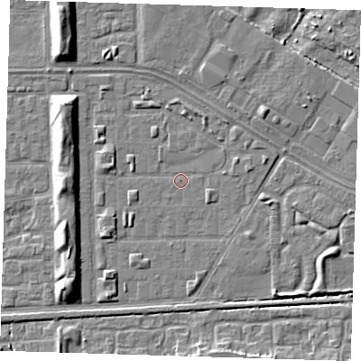 Shaded relief map of the ground around DA184DB, computed from Environment Agency LiDAR. The ground here sits at about 1 m above sea level and falls 7 m across the surrounding 800 m. Surface water reaching this point runs off ground lying to the east-south-east, 1.0 m higher.